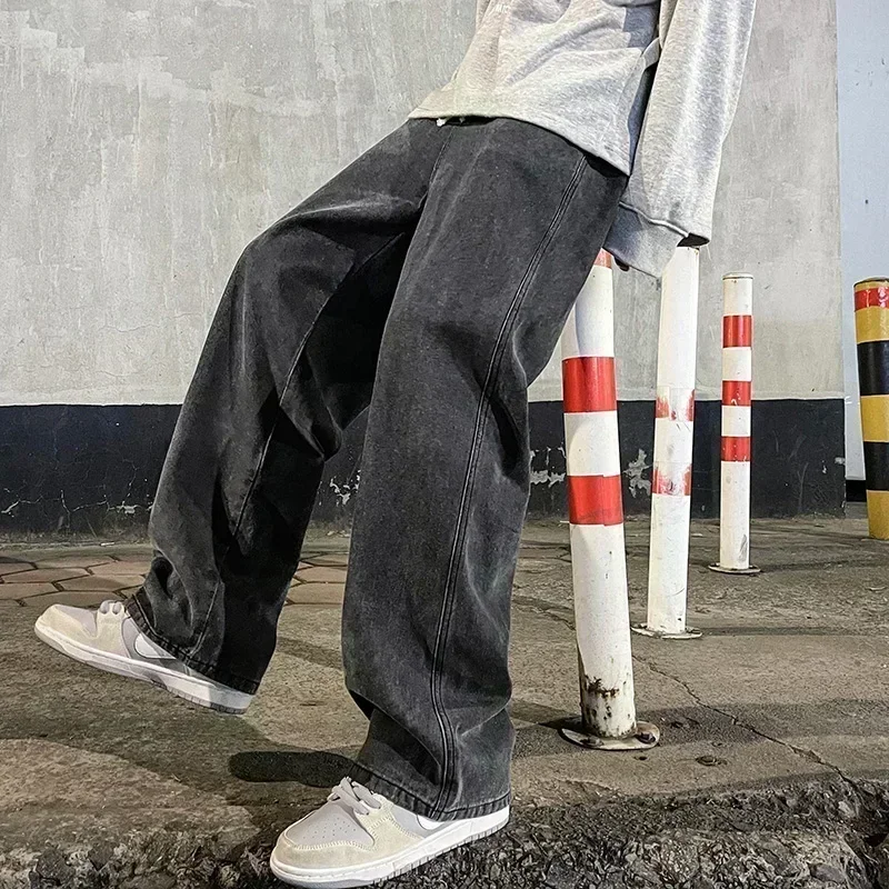 Stijlvolle Losse Jeans voor Heren in Koreaanse Streetwear Stijl – Rechte Wijde Pijpen Broek in Zwart en Lichtblauw