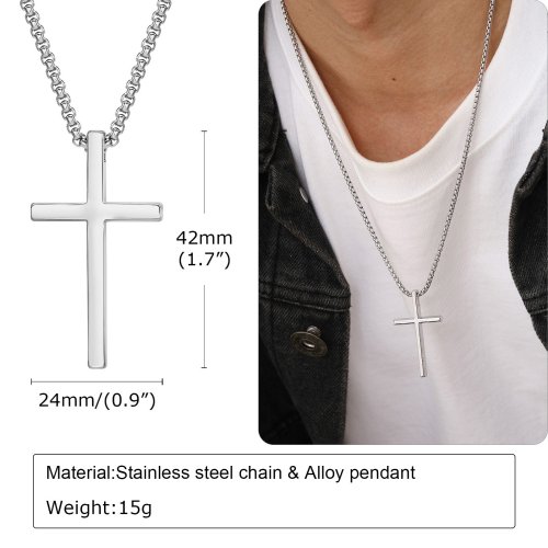 Immagine di Collana con croce Vnox per uomo donna, collare con ciondolo croce semplice color argento con catena a scatola in acciaio inossidabile