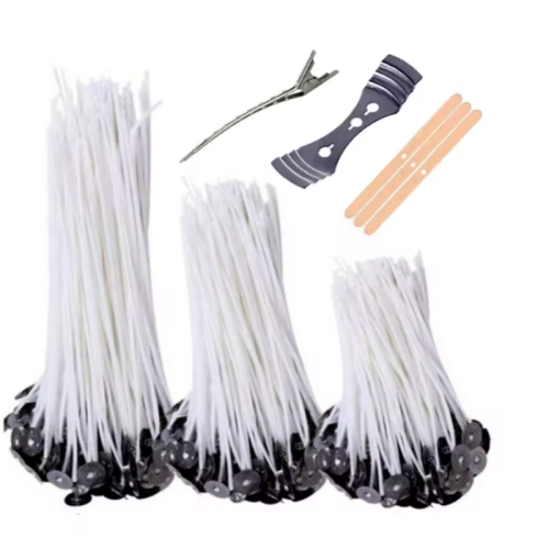 Immagine di Set di 100 Stoppini per Candele in Cotone Cerato con Supporto – Naturale, Senza Fumo, Ideale per Olio di Soia e Cera Artigianale