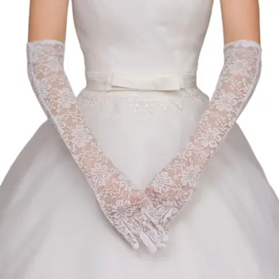 Image de Gants de Mariée en Dentelle Blanche Longs avec Breloques Élégants