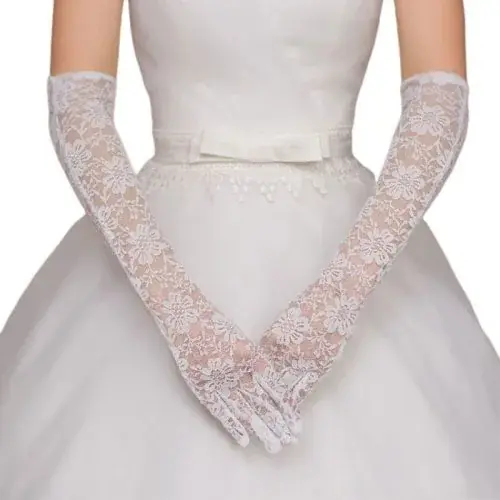 Image de Gants de Mariée en Dentelle Blanche Longs avec Breloques Élégants