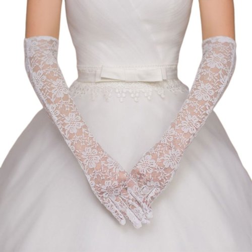 Image de Gants de Mariée en Dentelle Blanche Longs avec Breloques Élégants