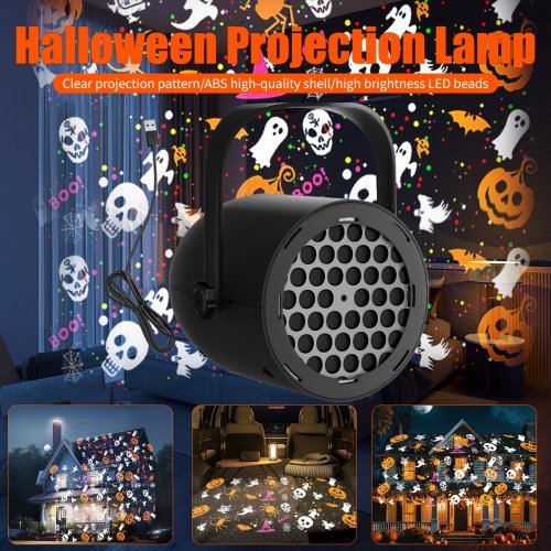 Imagen de Lámpara LED de Proyección Navideña y de Halloween con Patrones Giratorios de Copo de Nieve, Fantasma y Calabaza - Iluminación Decorativa para Fiestas con USB 5V