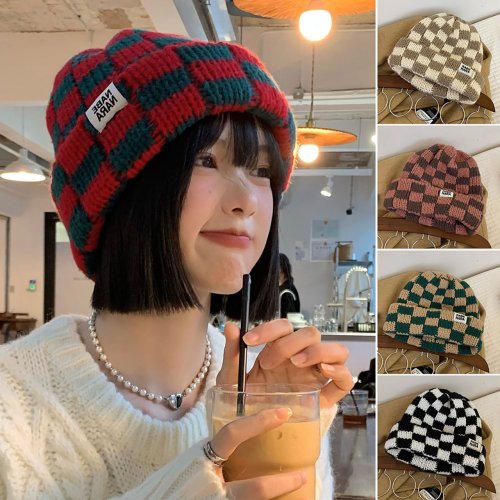 Immagine di Berretto scozzese vintage per donna Autunno Inverno Caldo cappello di lana lavorato a maglia Berretti Skullies anti-freddo per esterni