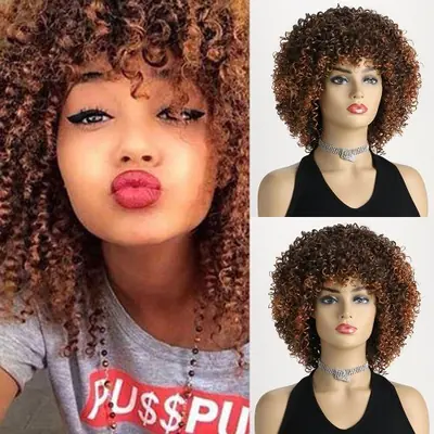 Image de Perruque Afro Bouclée 16" - Frange & Fibre Synthétique Douce