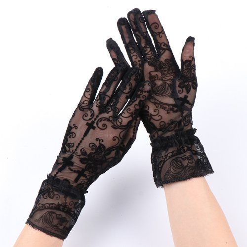 Imagen de Punk gótico Lolita Halloween Cosplay Cruz rosa encaje negro guantes finos Halloween mujeres Sexy transparente elasticidad malla mitones