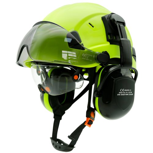 Image of Safety Helmet With Visors Built In Goggles Contrast Color Earmuff Noise Reduction for Engineer Hard Hat ANSI Industrial Work Cap