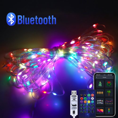 Zdjęcie Lampki LED RGB USB, sznur świetlny, inteligentne sterowanie Bluetooth przez aplikację, lampki choinkowe, dekoracje na Nowy Rok, oświetlenie świąteczne.