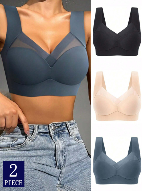Image of 2-Pack Seamless Lace Sport Bras for Women – Plus Size Wireless Bralette, Backless Design, Shock-Proof Support, Soft & Breathable Underwear Vest (L-3XL)