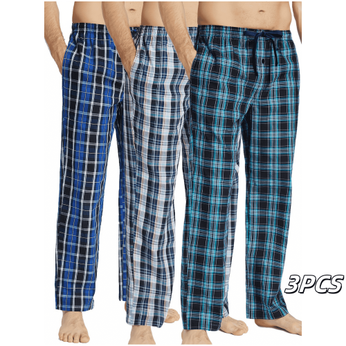 Image of Comfortable Men's Autumn Cotton Plaid Pajama Bottoms with Elastic Waistband and Side Pockets for Relaxing Sleep and Lounge Wear