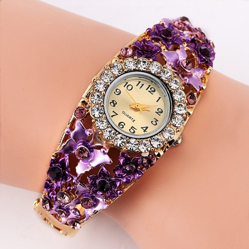 Image of Elegant Women's Stainless Steel Rhinestone Quartz Watch with Vintage Flower Design – Fashionable Bangle-Style Wristwatch for Everyday Style