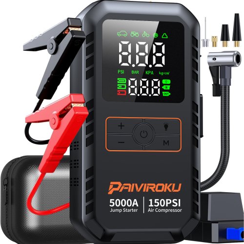Zdjęcie Uniwersalny Rozrusznik Samochodowy 4w1 z Kompresorem Powietrznym, Wzmacniaczem Akumulatora i Power Bankiem – 5000A, 150 PSI, Przenośny Inflator do Opon