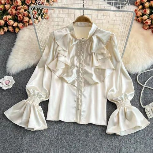 Image of Luxury Ruffle Flared Sleeves Blouse Black White Shirts Women  Retro Blouse Stand Collar French Design Chic Loose Top Mujer New