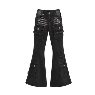 Jeans cargo femme noir taille basse effet usé bootcut extensible