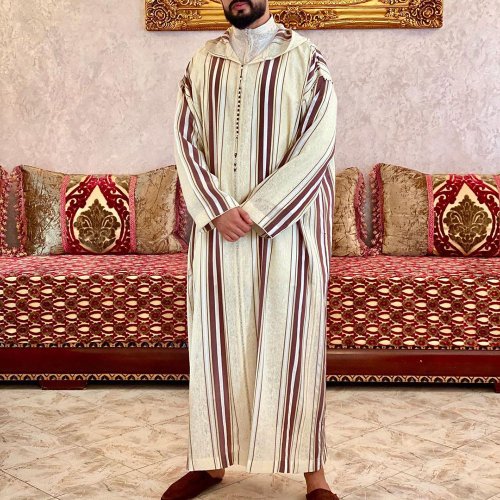 Bild von Eid-Männer-Jubba Thobe – Lange Islamische Robe aus Saudi-Arabien, Gestreift, Arabischer Kaftan für Ramadan und Sommer 2024, Dubai-Stil, Marokko-Design, Jalabiya für Muslime