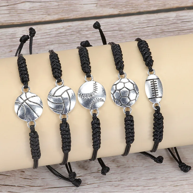 Image of 10-Pack Knitted Football Bracelets for Kids – Adjustable Alloy Sports Wristbands with Braided Design, Perfect Gifts for Boys and Girls Who Love Soccer and Basketball