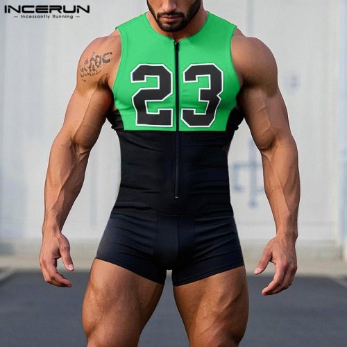 Bild von Herren-Body mit Patchwork-Druck und Reißverschluss – Ärmelloser Strampler für Streetwear und Workout, ultradünn, modischer Look 2025