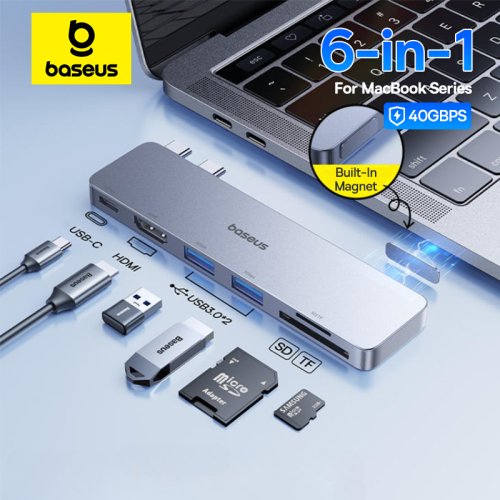 Imagen de Baseus-Hub de USB-C Dual a Compatible con HDMI 4K 30Hz para Thunderbolt 3/4 40Gbps USB 3,0 tipo C HUB SD TF para MacBook Pro Air USB Hub