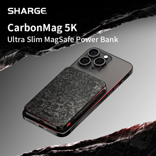 Image of Sharge CarbonMag MagSafe Power Bank – Slim Magnetic Portable Charger with 5000mAh Capacity, Carbon Fiber Design, PD 20W Fast Charging for iPhone 16 Pro