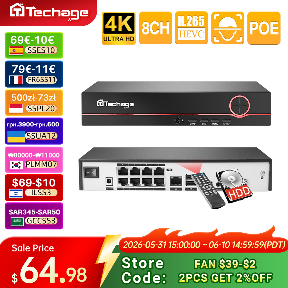 Image of Techage H.265 4K 8CH PoE NVR 2MP 3MP 5MP Network Hard Disk Video Recorder Home Security CCTV Surveillance DVR For PoE IP Camera