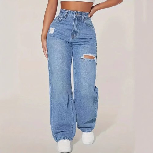 Zdjęcie Damskie jeansy typu mom, szerokie, długie, z dziurami, wysoki stan, proste nogawki, styl Y2K, uliczny, praca, patchwork, casual, 2025, punk