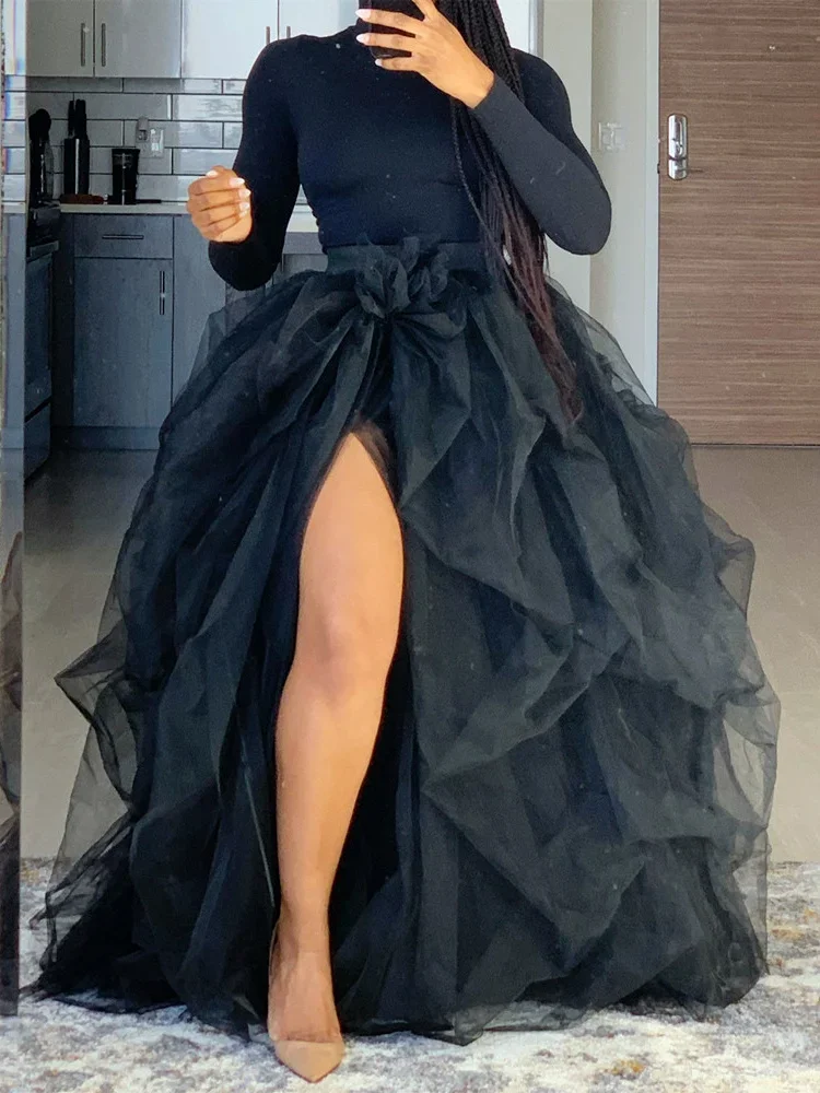 Image of Women Layered Tulle Tutu Skirts for Evening Party Wedding High Waist Long Split Skirts Ladies Princess Bridal Prom Skirts Female