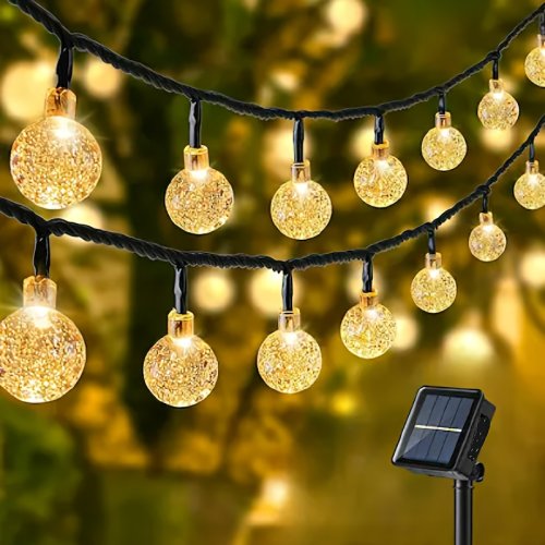 Zdjęcie Wodoodporne girlandy świetlne z kryształowej kuli słonecznej – 20, 30, 50, 100 LED, 8 trybów świecenia, idealne do dekoracji ślubnych na świeżym powietrzu i w ogrodzie