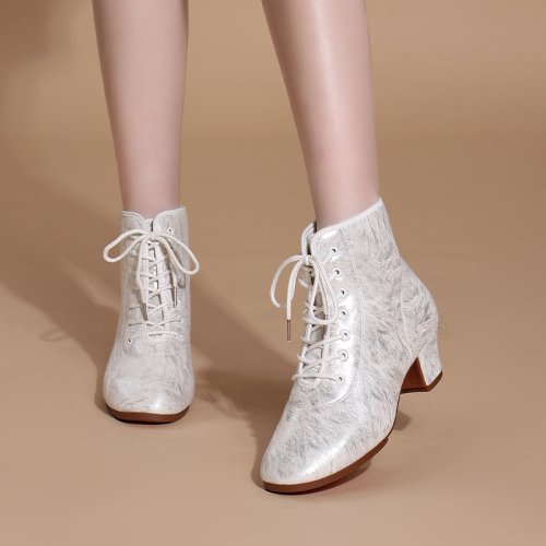Image of Elegant White Lace-Up Mid-Heel Dance Boots for Women – Comfortable Sole Design for Outdoor Modern Latin Dancing