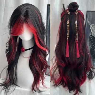 Image de Perruque Lolita Ondulée Noire Ombrée Rouge