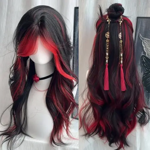 Image de Perruque Lolita Ondulée Noire Ombrée Rouge