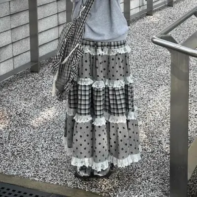 Image de Jupe Trapèze Rétro à Carreaux & Dentelle - Style Harajuku