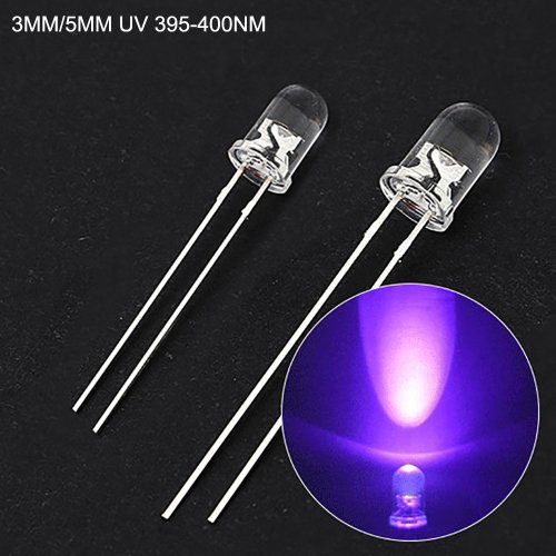 Zdjęcie Zestaw 100 diod UV LED DIP 3mm i 5mm – Jasne światło ultrafioletowe 395nm do eksperymentów, napraw i detekcji