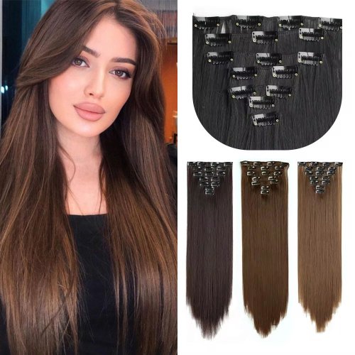 Afbeelding van Lange rechte synthetische 16 clips in hair extensions 7 stks/set hoge temperatuur vezel zwart bruin blond haarstukje voor vrouwen