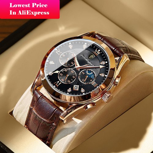 Bild von Poedagar Herrenuhr Wasserdicht – Elegante Lederarmbanduhr mit Leuchtanzeige, Luxus-Quarz-Uhr für Männer, Mode 2021
