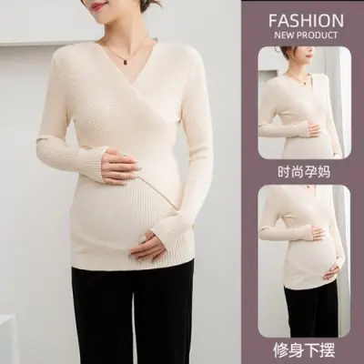 Image de Pull d'Allaitement Col V Tricoté - Confort & Style