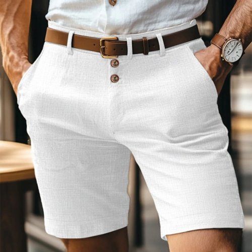 Afbeelding van Zomer Casual Shorts Heren Vintage Knoopsluiting Linnen Ademende Knielengte Broek Slim Fit Rechte Mannelijke Mode Effen Korte Broek