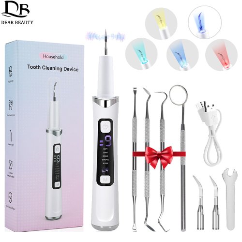 Immagine di Pulitore Dentale ad Ultrasuoni con 5 Luci LED, 9 Livelli di Potenza, Scaler Professionale per Rimozione del Calcolo, Placca e Tartaro – Strumento Completo per la Pulizia dei Denti a Casa