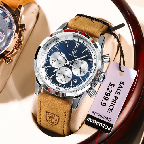 Image of Premium Men's Quartz Watch with Waterproof Luminous Chronograph, Military-Style Design and Luxury Leather Strap for Fashion-Conscious Gentlemen