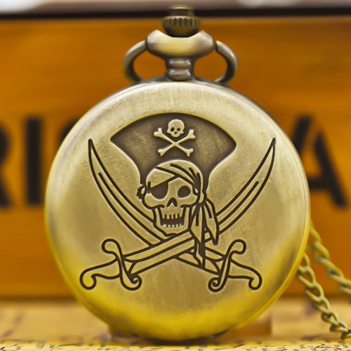 Afbeelding van Vintage Bronzen Grote Piraat Schedel Zakhorloge met Gesneden Ketting – Quartz Mechanisme, Unieke Stijlvolle Horloge voor Mannen en Vrouwen