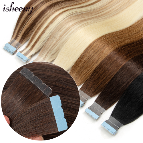 Bild von Isheeny 12 "-24" Mini Tape Haar verlängerungen Maschine Remy Haut Schuss Klebeband in Menschenhaar natürliche schwarz braun blond 10 stücke