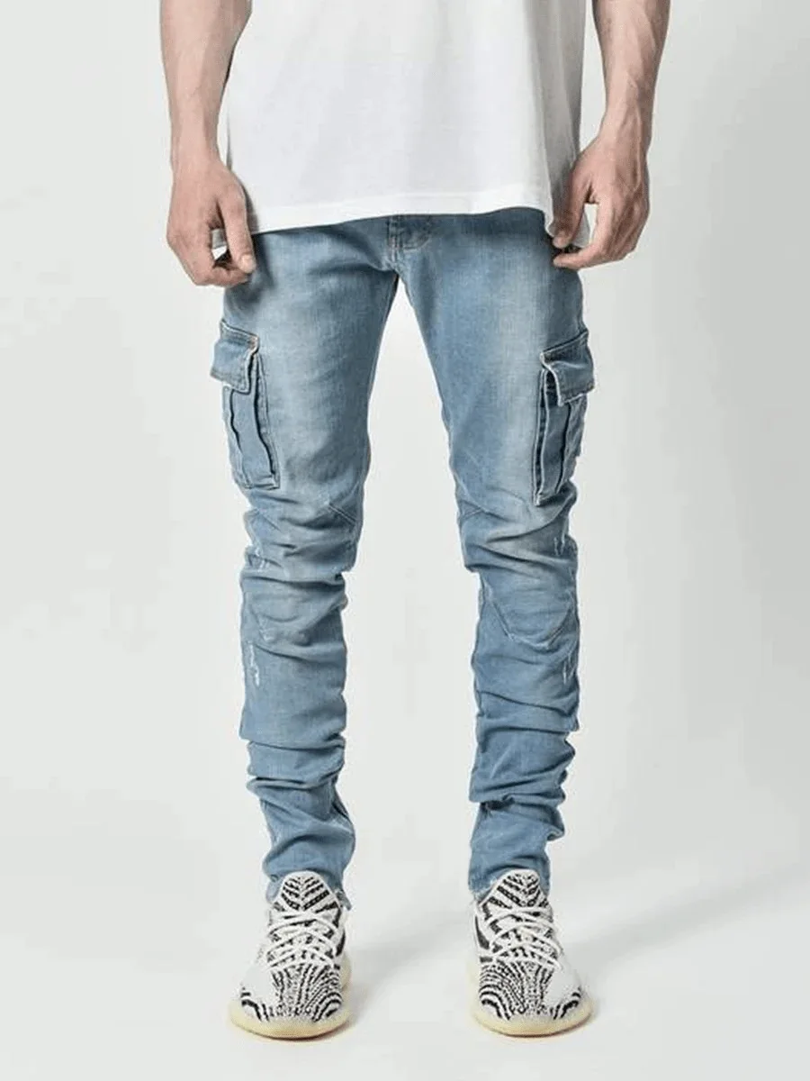 Zdjęcie Męskie elastyczne jeansy slim fit, męskie spodnie cargo denim, jednolite kolory, wielokieszeniowe, c...