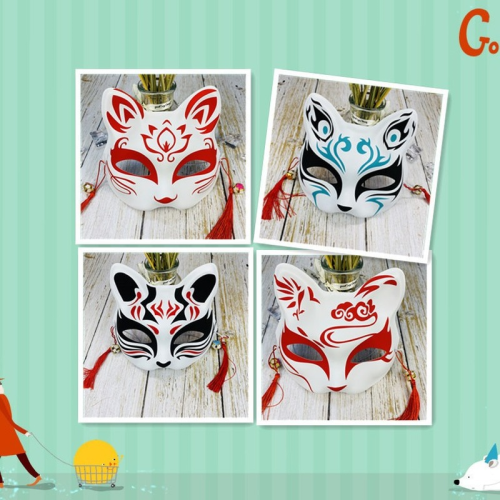 Zdjęcie Ręcznie Malowana Japońska Maska Pół Twarzy w Stylu Kota Lisy – Idealna do Cosplay, Anime, Demon Slayer, Halloween i Festiwali Maske