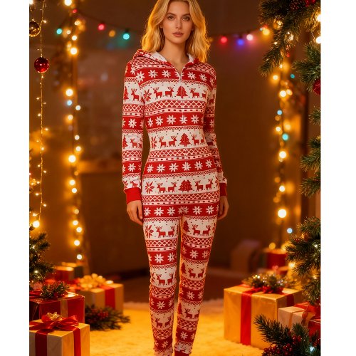 Image of Cozy Women's Christmas Rompers with Snowflake Print – Long Sleeve Zip-Up Hooded Jumpsuit for Sleepwear and Loungewear