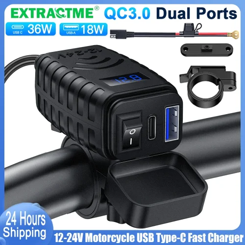 Image of Universal Waterproof Motorcycle USB Charger with 12V Power Supply, Voltage Meter, and Switched Socket for Phone Charging and Accessories