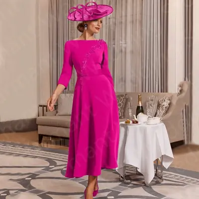 Image de Robe Maman de Mariée Bleu Marine - Col Bateau & Manches 3/4