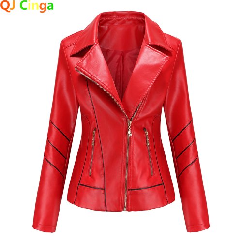 Image of Stylish Red Faux Leather Biker Jacket for Women – Fashionable Casual Outwear Perfect for Spring and Autumn
