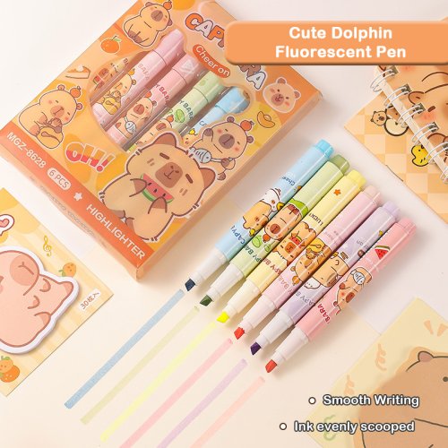 Imagen de Set de 6 Resaltadores de Capibara de Dibujos Animados - Bolígrafo de Mano Bonito, Rotulador para Estudiantes, Suministros de Oficina y Escolares, Regalo Divertido