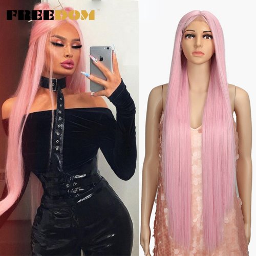 Image of Natural-Looking 38-Inch Deep Part Long Straight Synthetic Lace Front Wig with Ombre Pink Highlights – Perfect for Cosplay and Everyday Wear