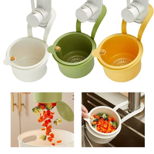 Imagen de Cesta de Drenaje con Filtro para Fregadero Colgante, Colador con Cubierta Inferior Desmontable y Abatible, Estante para Limpieza de Frutas y Verduras, Ideal para Cocina y Baño