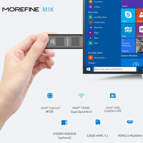 Immagine di Mini PC Portatile MoreFine M1K con Processore Intel N5000, Windows 11, RAM LPDDR4 8GB, SSD 128GB/256GB, Wi-Fi 5, Bluetooth 4.2, Grafica Intel UHD, Schermo 4K HD - Stick PC Mini per Ufficio e Casa